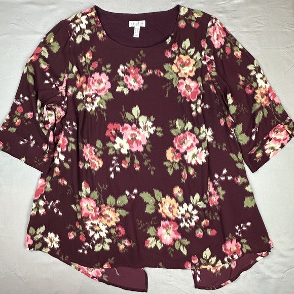 Tops - Women Tulip Back Top 2X Burgundy Pink Floral Print 3/4 Sleeve Tunic Dark Cottage